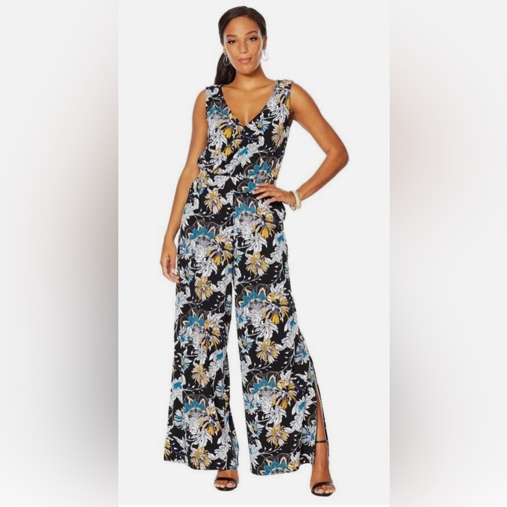 G by Giuliana 1X Stretch Knit Jumpsuit high waist wide leg black floral
